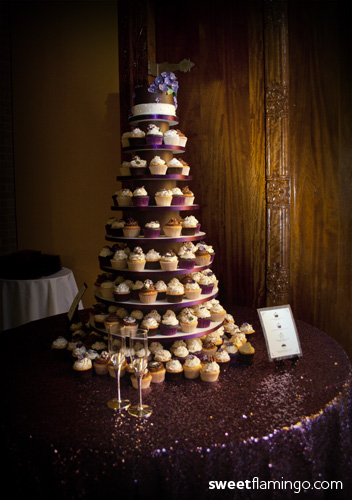 Wedding Cupcake Tower - Bouquet, Rings, Hydrangea Flowers, Wedding Dress, & Tux -4